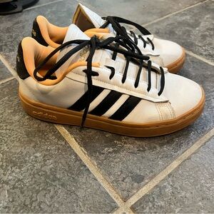 Adidas grand court sneakers. White w/ black stripes, orange. Women’s 7.5